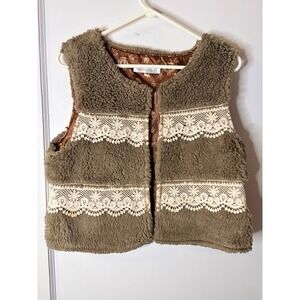 Solitaire Faux Fur Crochet Lace Trim Vest Olive Brown Boho Lined Hook Eye Large